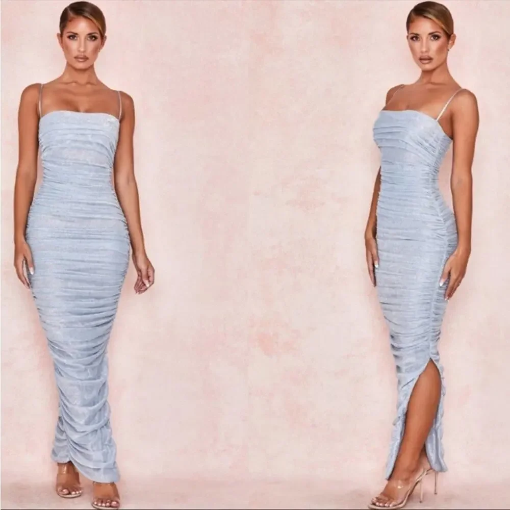 HOUSE OF CB Fornarina Baby Blue Sparkle Silvermist Fairy Glitter Ruched Dress - Picture 3 of 16